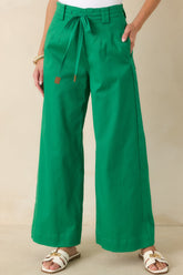 Refined Rhythm Emerald Green Cotton Tie-Belt Wide Leg Pants