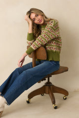 Guess What's Next Light Olive Multi Fair Isle Knit Crewneck Sweater