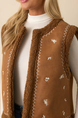 Go Ahead Then Caramel Brown Faux Suede Floral Embroidered Vest