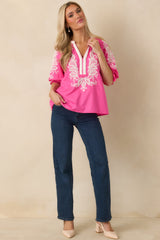 Simple Joys Pink Embroidered V-Neck Puff Sleeve Top