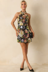Daring To Bloom Black Multi Floral Sequined Halter Mini Dress