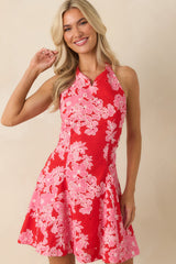 Petals in the Air Red & Pink Cotton Floral Halter Mini Dress