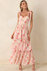 Written in Flowers Coral Pink Floral Tie Strap Maxi Dress