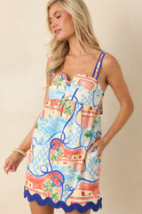Summer Itinerary Coral Orange & Blue Multi Poolside Print Mini Dress