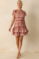 Can't Miss This Terracotta Multi Floral Embroidered Lace Mini Dress