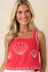 Sea You Soon Red Cotton Blend Shell Embroidered Tank Top