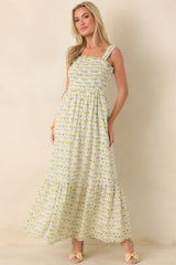 Pretty Unbothered Yellow Multi Floral Cotton Tiered Maxi Dress