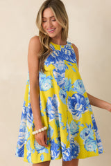 One Fine Day Yellow & Blue Cotton Floral Swing Dress