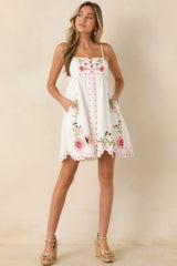 Meet Me in Paradise White Multi Floral Embroidered Cotton Mini Dress