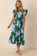 Fresh Air Affair Hunter Green & Blue Floral Cotton Eyelet Midi Dress
