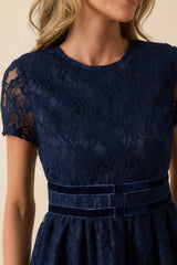 Never Look Back Navy Floral Lace Short Sleeve Velvet Trim Midi Dress
