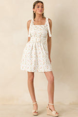 Just Like Spring White Multi Cotton Floral Pleated Mini Dress