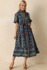 Petals In The Wind Navy Multi Floral Print Cotton Maxi Shirt Dress