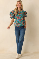 Pretty Please Teal Green Multi Floral Print Puff Sleeve Top