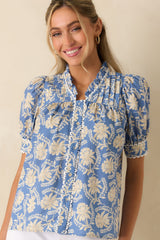 Prosperina Gretchen Dusty Blue & Ivory Cotton Floral Blouse