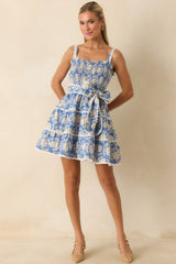 Prosperina Miss Darcy Dusty Blue Floral Cotton Mini Dress