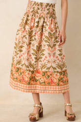 Bloom With Me Peach & Meadow Green Floral Cotton Midi Skirt