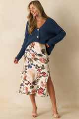 Feeling Pretty Sure Ivory Multi Floral Print Satin Midi Skirt