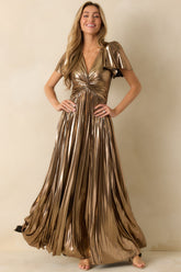 Chasing Stardust Bronze Metallic Pleated Maxi Dress