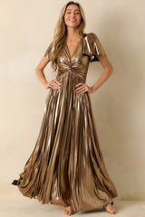 Chasing Stardust Bronze Metallic Pleated Maxi Dress