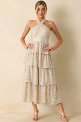 Always On Point Champagne Sequin Halter Maxi Dress