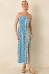 Sipping Under the Palms Blue Multi Tropical Print Bead Detail Midi Dress
