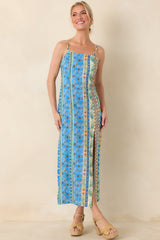 Sipping Under the Palms Blue Multi Tropical Print Bead Detail Midi Dress