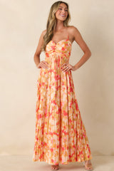 Painted in Sunshine Peach & Red Multi Satin Finish Pleated Maxi Dress