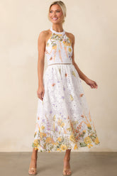 Twirl Me Lavender Floral Embroidered Halter Midi Dress