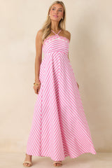 Picnic Pretty Pink Stripe Cotton Floral Hem Halter Maxi Dress