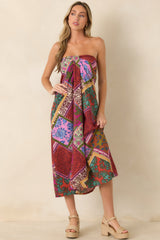 Everyone Knows Red Multi Patchwork Print Rayon Strapless Midi Dress