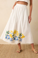 Paradisa Paradena White Multi Embroidered Cotton Blend Midi Skirt