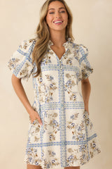 Garden Lattice Ivory Multi Cotton Floral Tile Print Mini Dress
