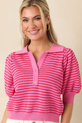Plans After Work Pink Stripe Knit Polo Top