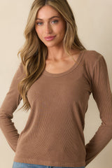 There When You Need It Mocha Brown Ribbed Long Sleeve Tee