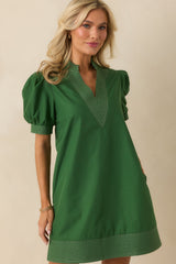 Took The Right Turn Hunter Green Cotton Puff Sleeve Mini Dress
