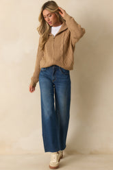 Better Believe It Camel Brown Cable Knit Zip Front Sweater Jacket