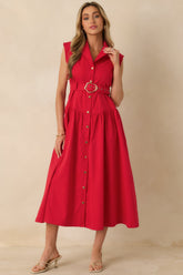 Just Right Moments Red Sleeveless Belted Maxi Shirt Dress