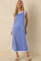 Perfectly Framed Blue Jersey Knit Contrast Trim Sleeveless Maxi Dress