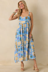 From Far & Away Blue Multi Vintage Stamp Print Midi Dress