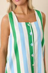 Out the Door Green & Light Blue Stripe Cotton Sleeveless Mini Dress