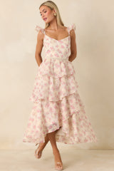 Blissful Garden Light Pink Floral Flutter Sleeve Maxi Dress