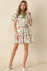 Taking A Chance Olive Green Floral Print Cotton Puff Sleeve Mini Dress