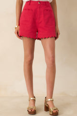 You Were Saying Red Cotton Scalloped Trim Shorts