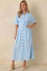 Wherever I Go Light Blue Stripe Smocked Waist Maxi Shirt Dress