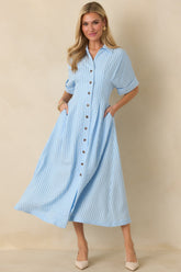Wherever I Go Light Blue Stripe Smocked Waist Maxi Shirt Dress