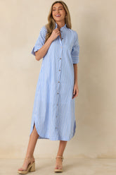 In Perfect Order Blue Stripe Button Front Ruffle Collar Midi Shirt Dress