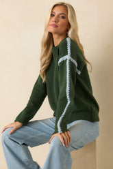 Along The Lines Moss Green Cotton Knit Crochet Trim Sweater