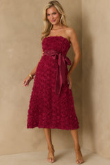 Raising The Bar Wine Red Floral Applique Midi Dress