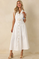 Just Right Moments White Sleeveless Belted Maxi Shirt Dress